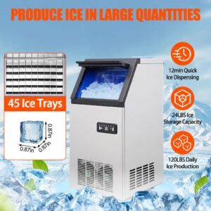 Commercial Ice Machine 120lbs/24H, Counter Ice Maker with 24LBS Storage Bin, 45 Ice Trays, Stainless Steel Ice Machine for Bar,Cafe,Restaurant ﻿