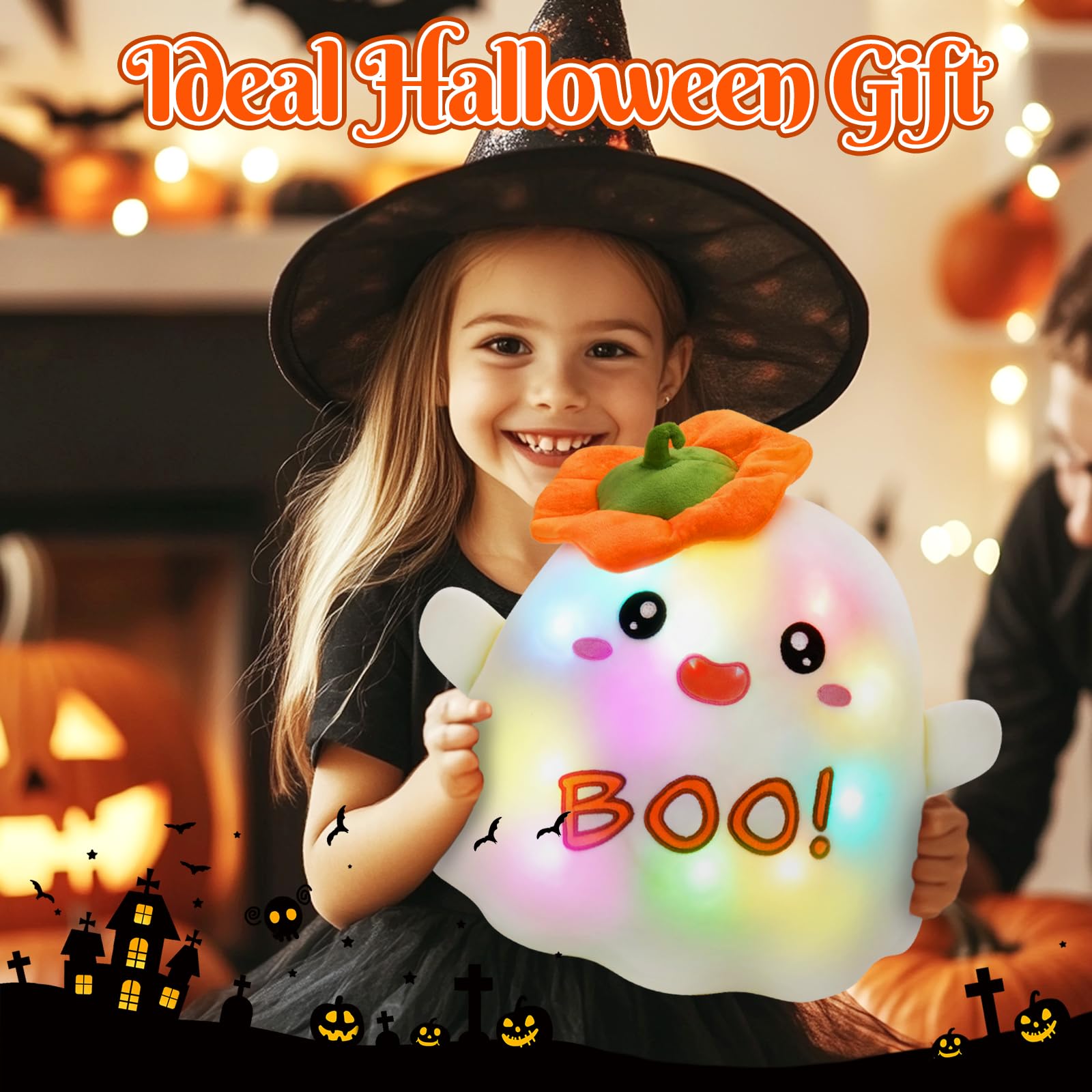 Glow Guards Halloween Ghost Stuffed Animal,Light up Boo Ghost Plush Toy,Cute Ghost Pillow,Soft Spooky Ghost Dolls Stuffed Animals,Halloween Party Favors Halloween Plushie Gift for Kids,12 inches