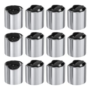 uxcell 12pcs aluminized plastic disc top caps, 24/410 replacement press caps durable dispensing lids for squeeze bottles, refillable bottles, plastic, empty, shampoo bottles, silver black