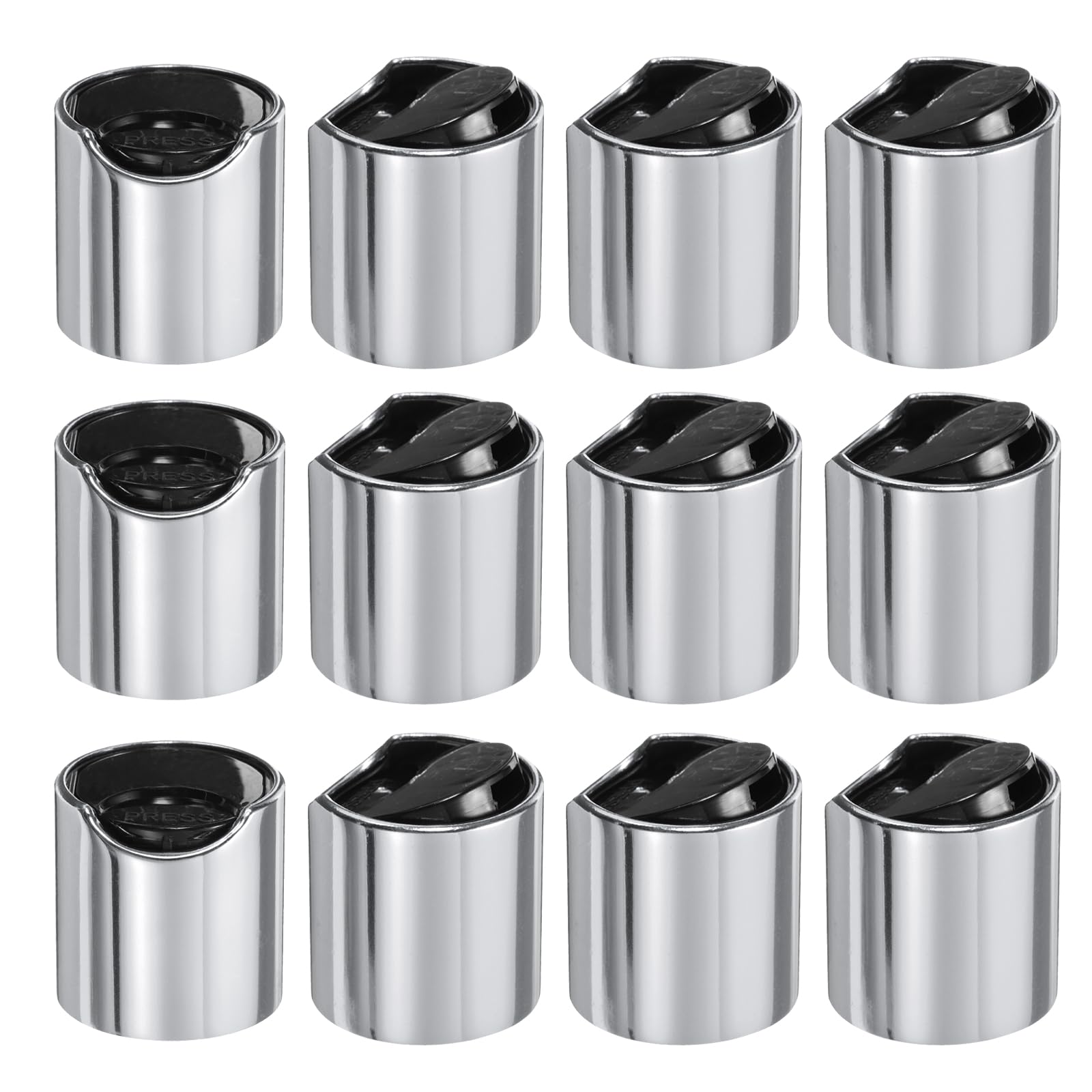 uxcell 12pcs Aluminized Plastic Disc Top Caps, 24/410 Replacement Press Caps Durable Dispensing Lids for Squeeze Bottles, Refillable Bottles, Plastic, Empty, Shampoo Bottles, Silver Black