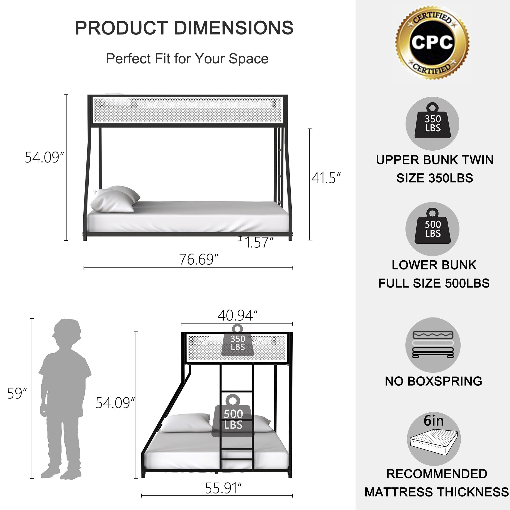 Bunk Bed Twin Over Full - LifeSky Metal Bunkbed Frame for Small Space Children's Bedroom Guest Room - Low Profile for Kids 6+