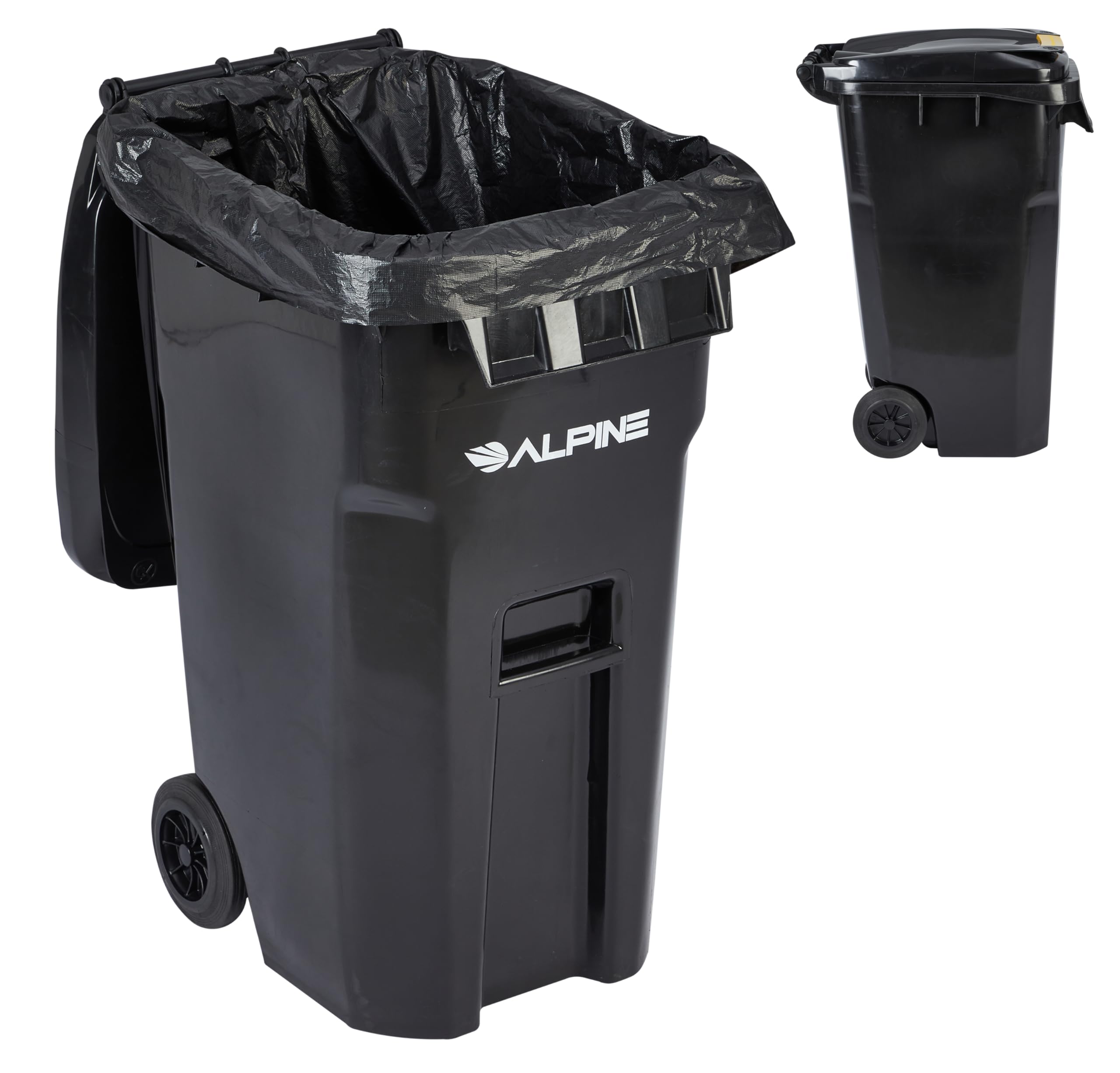 Alpine 64 Gallon Trash Can with Wheels - Large Heavy Duty Outdoor Trash Can with Lid, Rolling Trash Can Outdoor, Outside Wheeled Garbage Can for Residential and Commercial Use (Black)