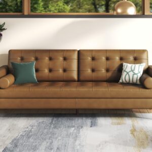 AMERLIFE Genuine Leather Sofa, Mid-Century Modern Leather Couch,3 Seater with Tufted Back, Comfy Sofa for Living Room-Brown Full Grain Leather Couch