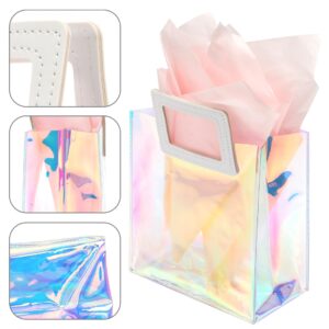 KeerxunBag 1 Pack Holographic Gift Bags with Handles & 2 Tissue Paper Sheets – Iridescent Transparent Reusable Bags for Women, Girls, Birthdays, Weddings，Pink Gift Bag