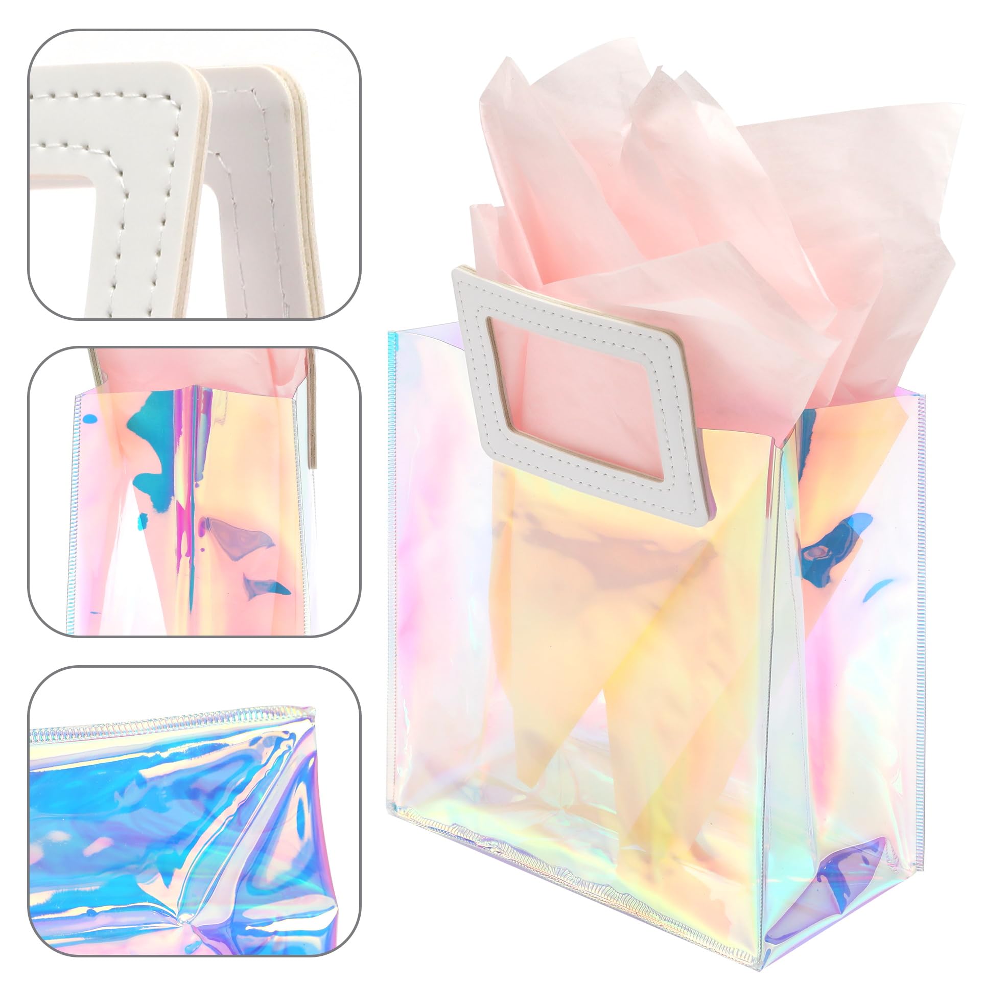 KeerxunBag 1 Pack Holographic Gift Bags with Handles & 2 Tissue Paper Sheets – Iridescent Transparent Reusable Bags for Women, Girls, Birthdays, Weddings，Pink Gift Bag