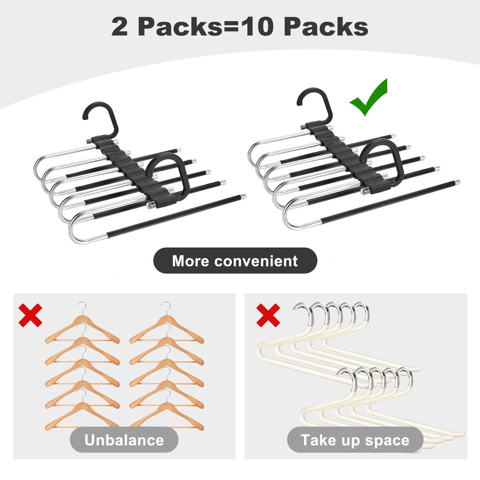 Hangers Space Saving 5 Tier Pant Hangers, Abarackie Space Saving Hangers, Closet Organizers and Storage for Pants Jeans Skirts Scarf Legging, Anti-Slip, Plastic Hooks, 2 Packs, Black