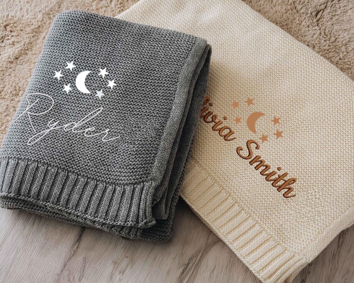 Personalized Girls Knit Embroidered Baby Blankets with Name, Cozy Soft Cotton Stroller Blanket, Custom Knit Embroidered Baby Comforter, Personalized Newborn Essentials Must Haves