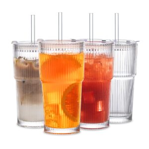 insetlan 20 oz ribbed glass tumblers with lids and glass straws – 4-piece glassware set, thickened glass, ideal for iced coffee, smoothies, cocktails, and juices – elegant and durable drinkware