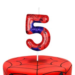 red blue spider 5th birthday number candles, number 5 candle cake topper decorations for spider cartoon themed parties, 5th birthday cake candles for boys girls kids party supplies