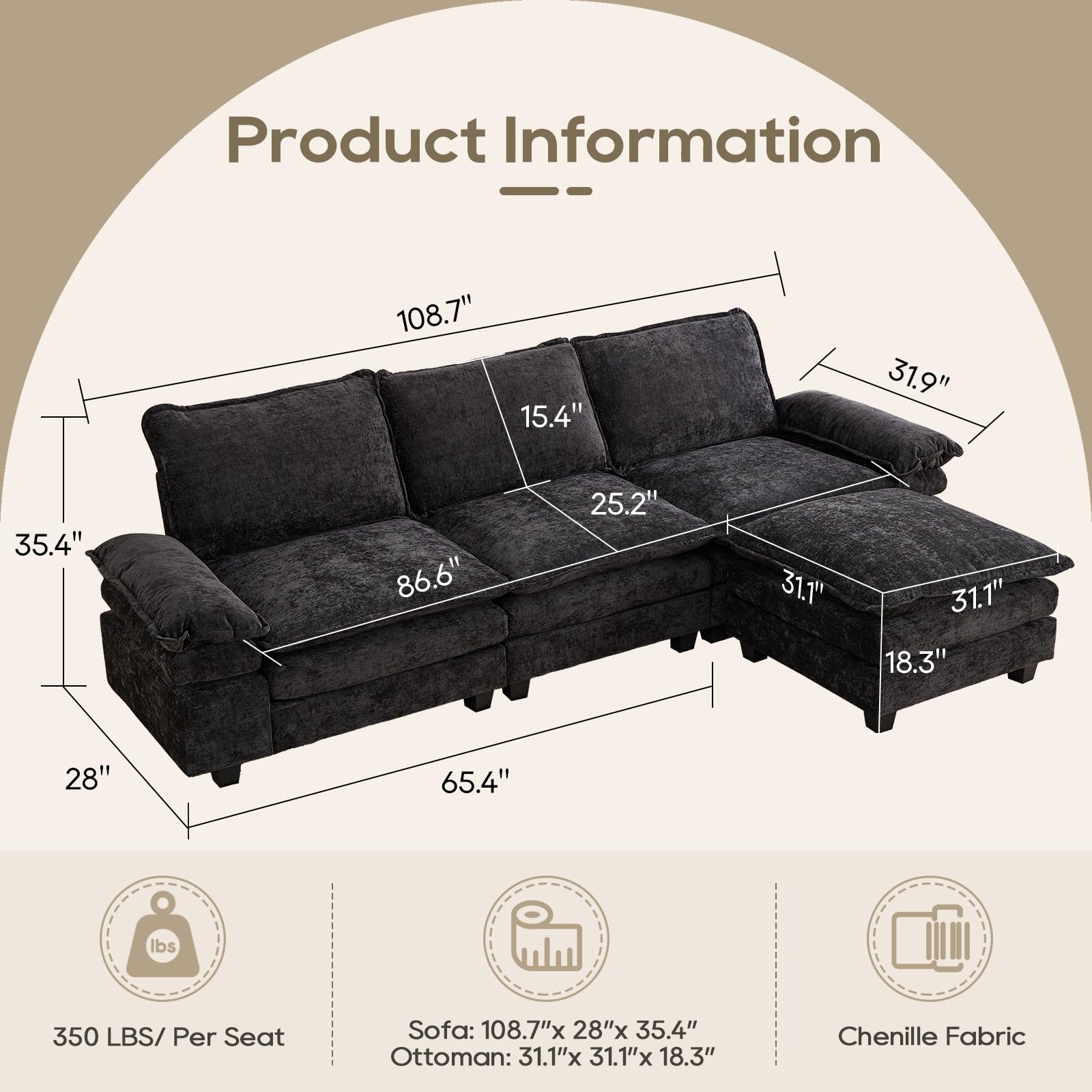 IPKIG Modular Sectional Sofa Cloud Couch - Chenille Convertible L Shaped Sofa Couch with Adjustable Armrest, Movable Ottoman, Comfy Upholstered 3-Seater Sofa for Living Room/Small Space (Black)