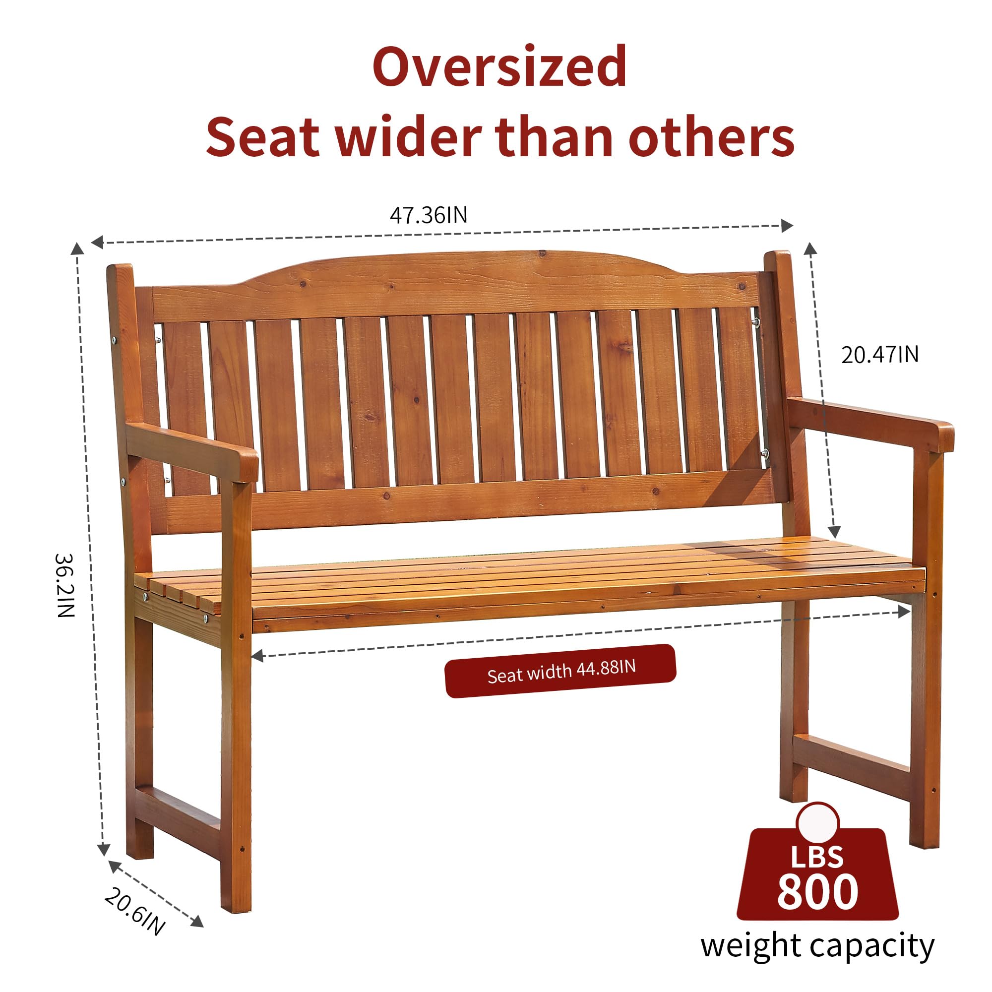 Sunnibety Outdoor Bench Weatherproof, 2-Person Solid Wood Garden Bench for Outdoors, Park Bench for Outside Patio Porch Poolside Balcony, 47.4" W x 20.6" D x 36.2" H (Natural)