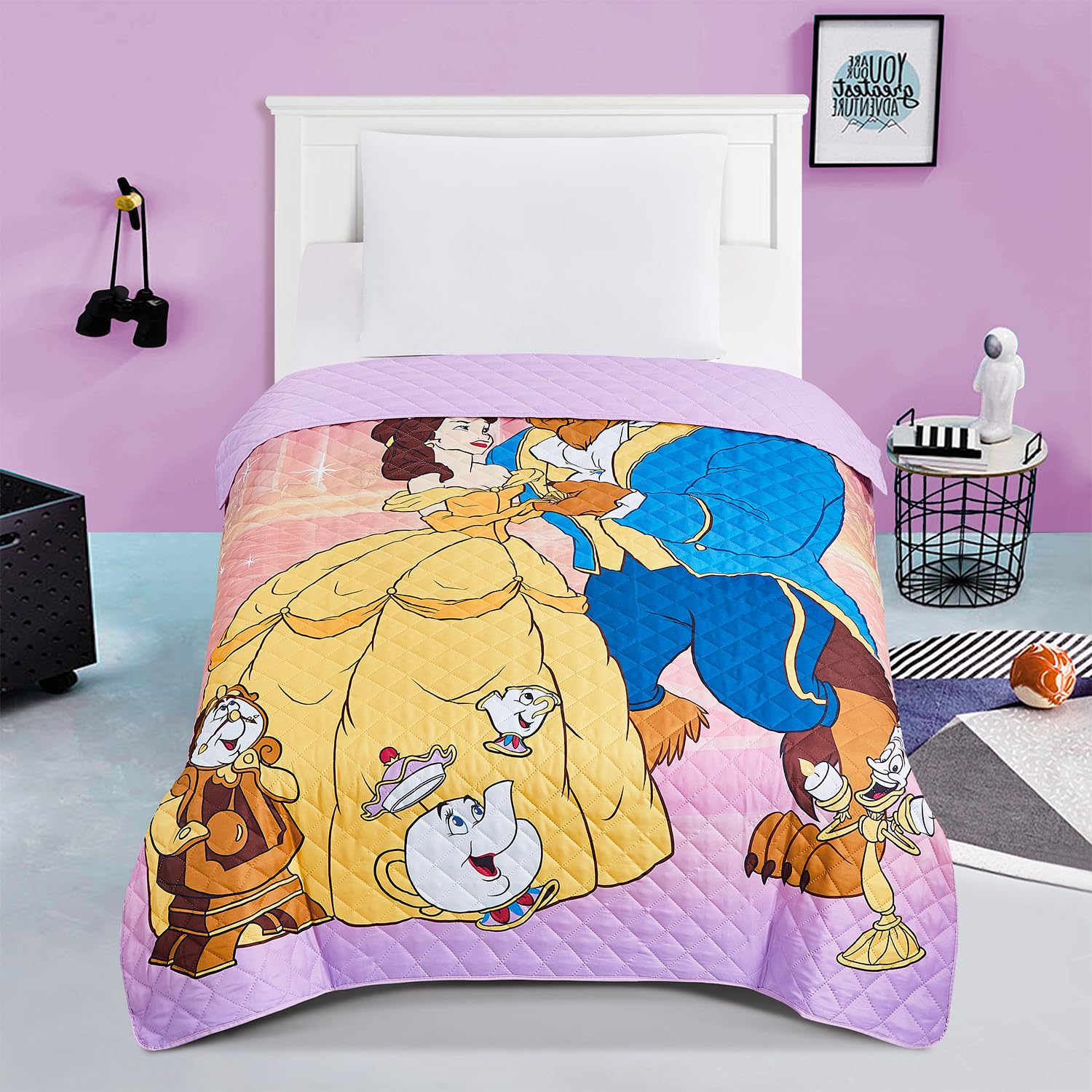 Beauty and The Beast Bedspread Twin Set for Kids - Bundle with Princess Belle Quilted Bedspread for Twin Bed Plus Room Decor, More | Beauty and The Beast Twin Bedding Set for Girls