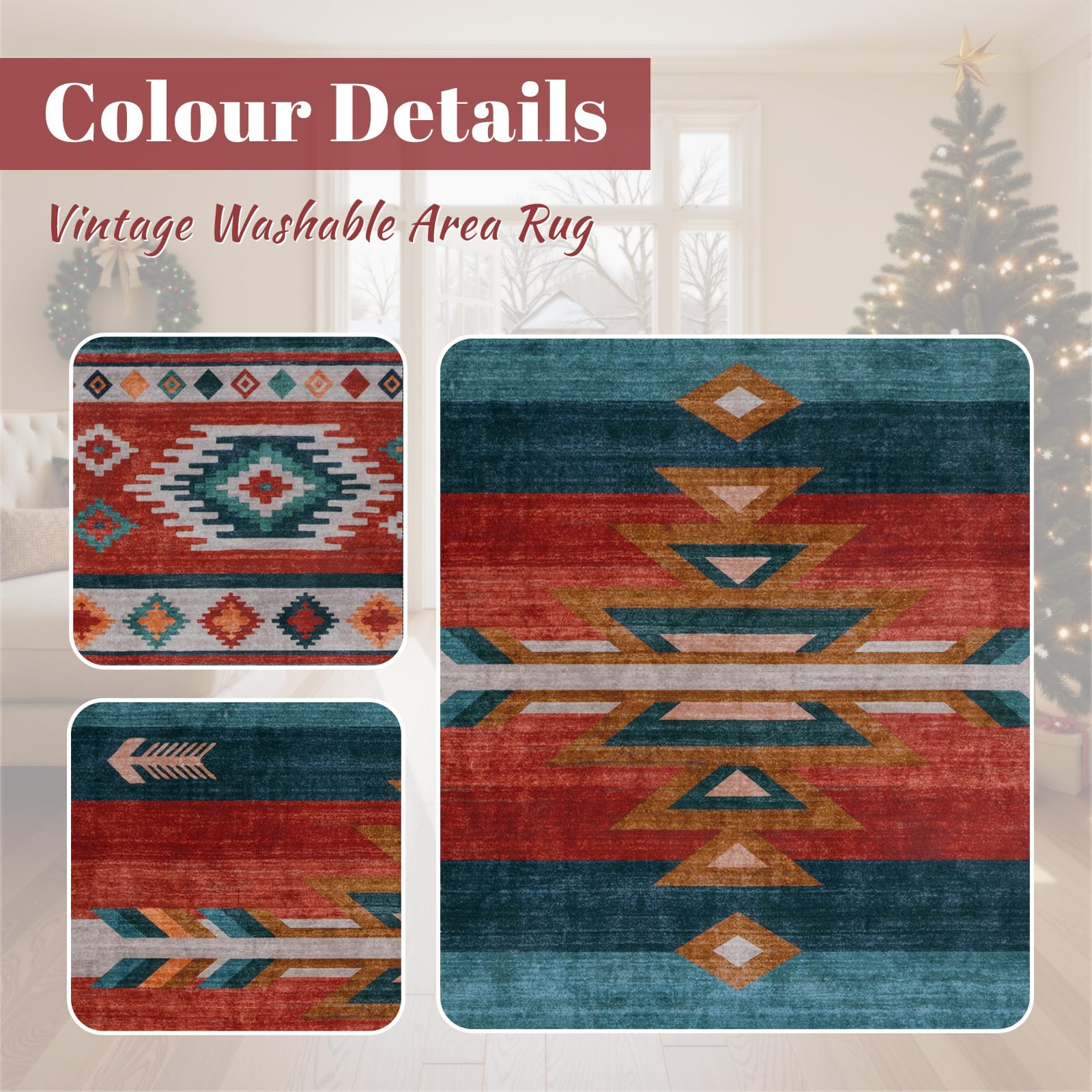 LIVEBOX Washable Native American Christmas Rug 8x10 - Soft Western Rugs for Living Room Thin Non-Slip Rug for Bedroom, Throw Carpet Southwestern Large Rugs for Living Room,(8 x 10 ft, Red Multi)