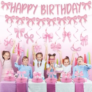 39PCS Pink Bow Birthday Party Decorations Set Girl Bow Banner Hanging Swirls and Honeycomb Centerpieces Pink Bow Banner for Girl Bachelorette Bridal Engagement Baby Shower Coquette Cute Party Supplies