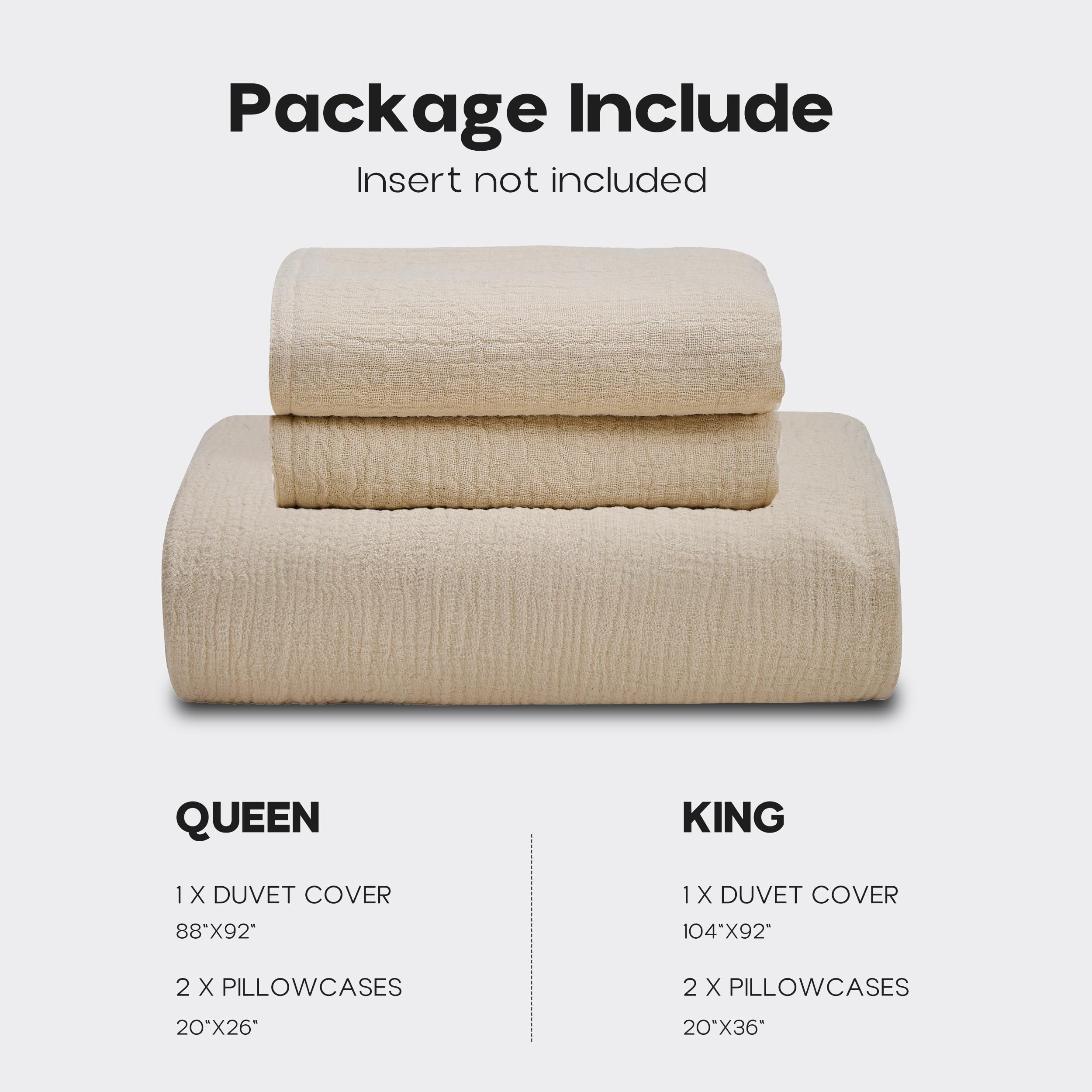 Simple&Opulence Linen Cotton Muslin Duvet Cover Set Queen Size, 3Pcs Khaki Ultra Soft Breathable 3-Layer Gauze Minimalist Comforter Cover, Seersucker Bedding Set with Zipper Closure for All Seasons