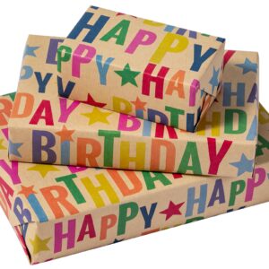 wrapaholic kraft birthday wrapping paper sheet - 6 sheets colorful happy birthday design folded flat for birthday, baby shower, party, holiday - 19.7 inch x 27.5 inch per sheet