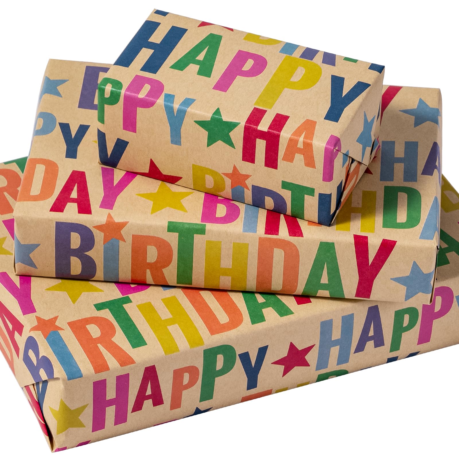 WRAPAHOLIC Kraft Birthday Wrapping Paper Sheet - 6 Sheets Colorful Happy Birthday Design Folded Flat for Birthday, Baby Shower, Party, Holiday - 19.7 Inch x 27.5 Inch Per Sheet