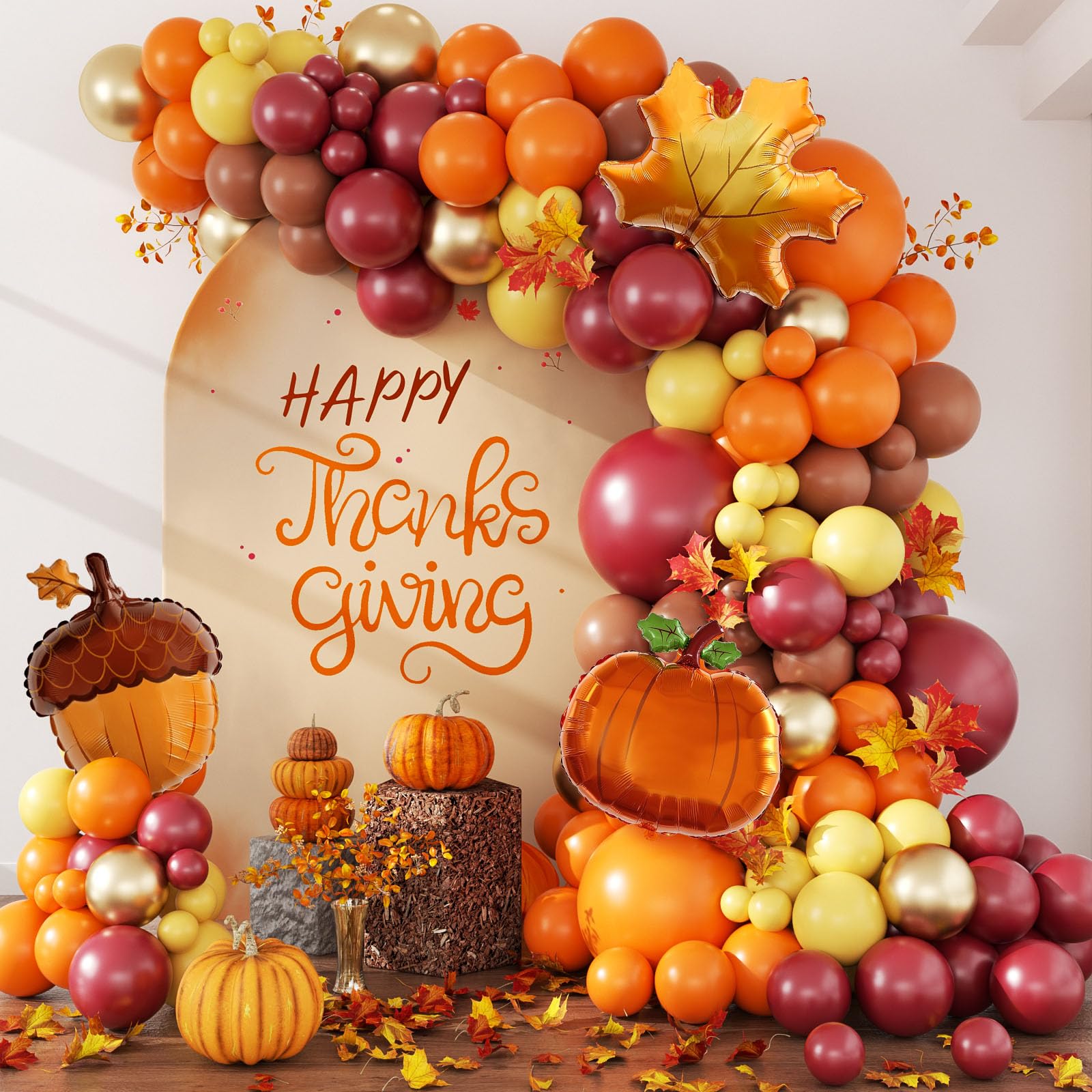 141pcs Thanksgiving Balloon Arch Fall Balloon Arch Kit with Burgundy Burnt Orange Balloons Different Sizes for Harvest Baby Shower Friendsgiving Fall Birthday Party Turkey Decorations