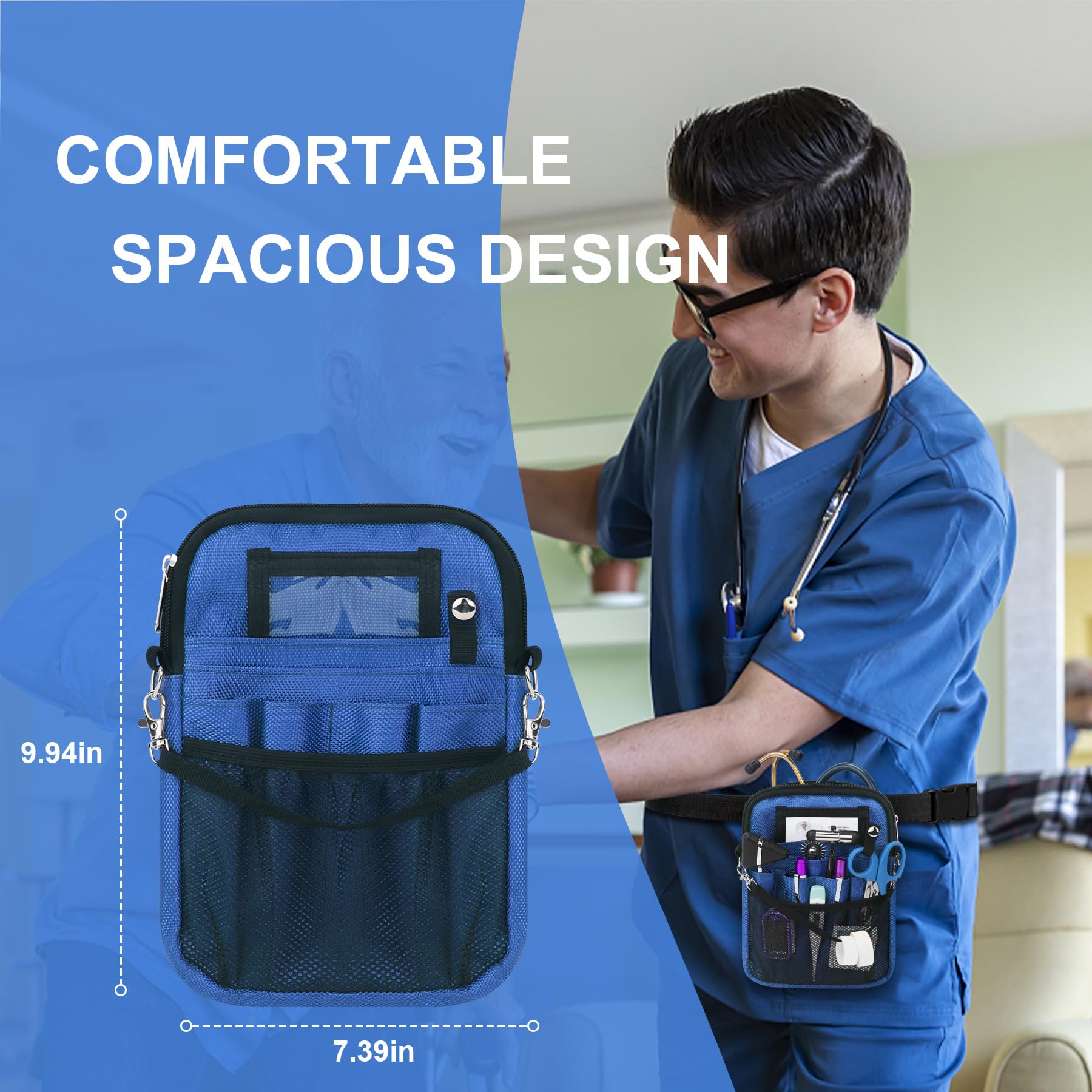 BOVKE Nurse Fanny Pack with Medical Gear Pockets, Tape Holder, Medical Bag Nurse Waist Pouch Organizer with Extra Space for Stethoscopes, Bandage Scissors and More Emergency Supplies, Blue