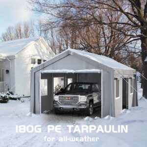 GarveeLife 13 x 20 ft Carport Heavy Duty, Portable Garage with 4 Roll-up Doors, 4 Mesh Windows, 180 g PE Tarps, and 8 x 1.0 mm Poles, for Full-Size Pickups, Bass Boats, and SUVs, Gray