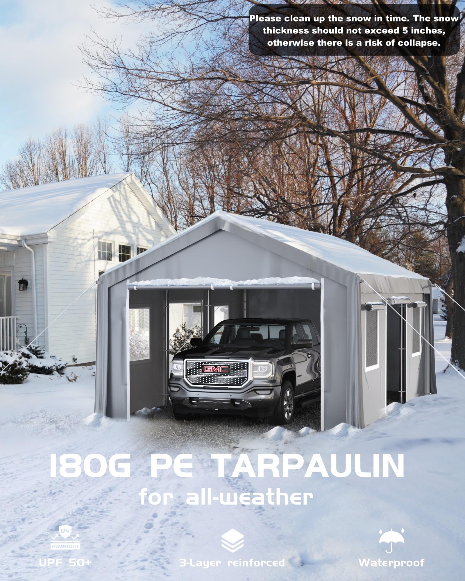 GarveeLife 13 x 20 ft Carport Heavy Duty, Portable Garage with 4 Roll-up Doors, 4 Mesh Windows, 180 g PE Tarps, and 8 x 1.0 mm Poles, for Full-Size Pickups, Bass Boats, and SUVs, Gray