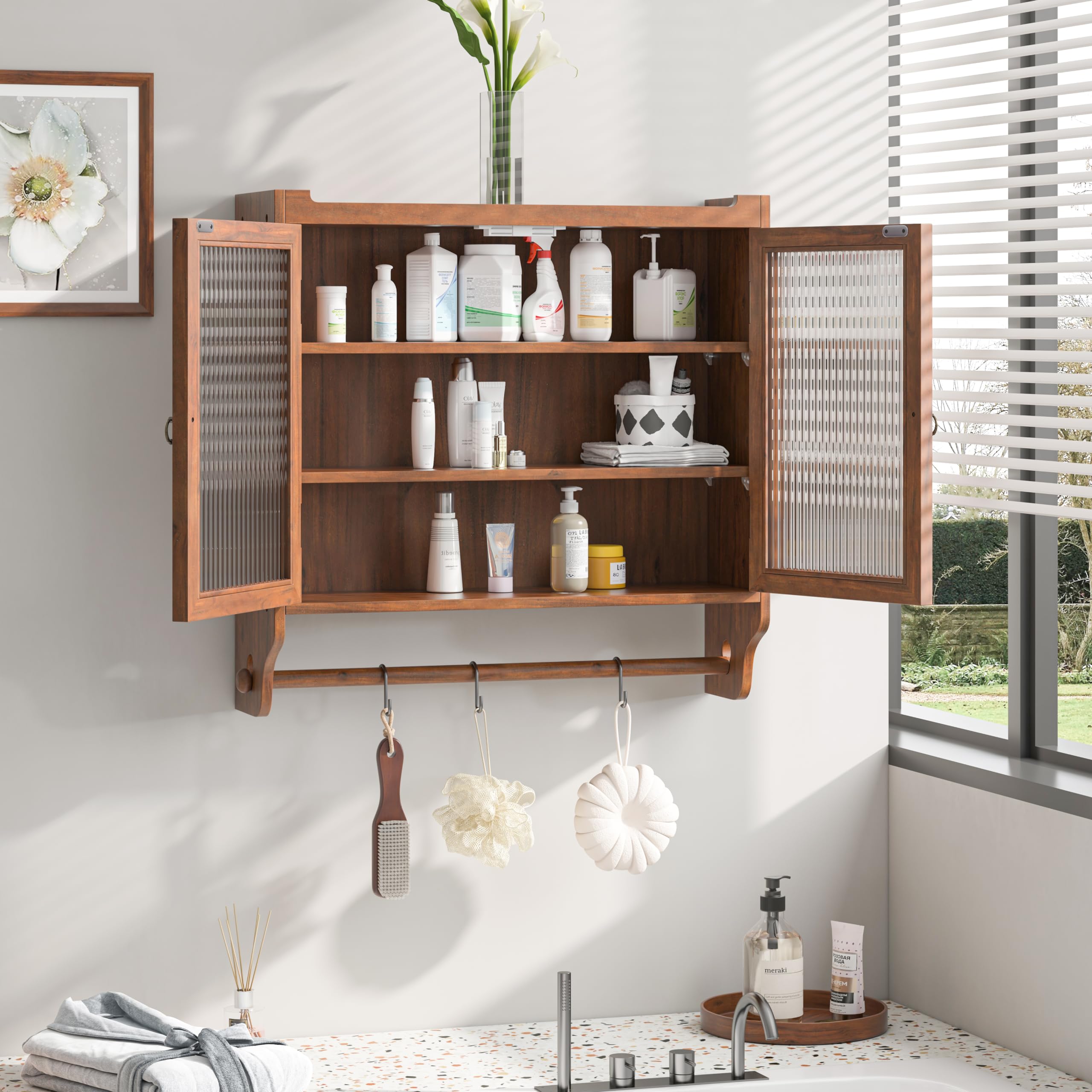 Qiaoxuan Bathroom Wall Cabinet, Over The Toilet Storage Cabinet, Medicine Cabinet with Towel Rack and Removable Shelves, Hanging Bathroom Storage Cabinet (Brown)