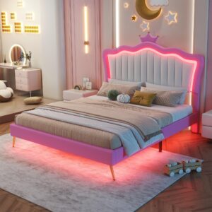 SOFTSEA Full Size Upholstered Bed with LED Lights, Princess Platform Bed for Girls, Adjustable Headboard with Crown, Wood Slats Support, No Box Spring Needed, Pink