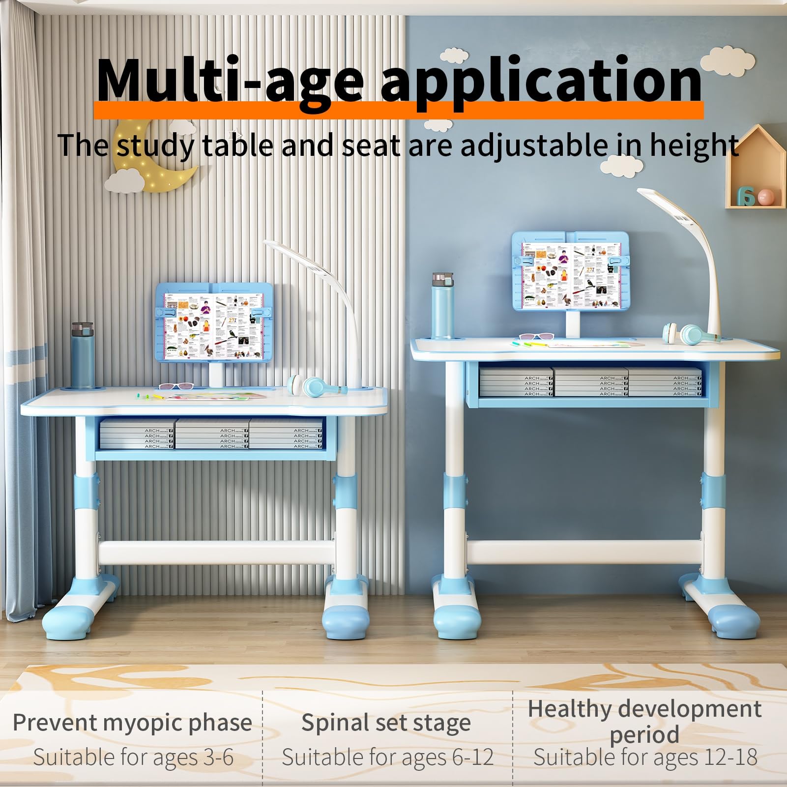 pofluany Height Adjustable Kids Desk and Chair Set, Kids Functional Desk and Chair Set for Kids, Children Study Desk, Study Table for Kids Boys Girls School Study Table for Writing Reading Blue