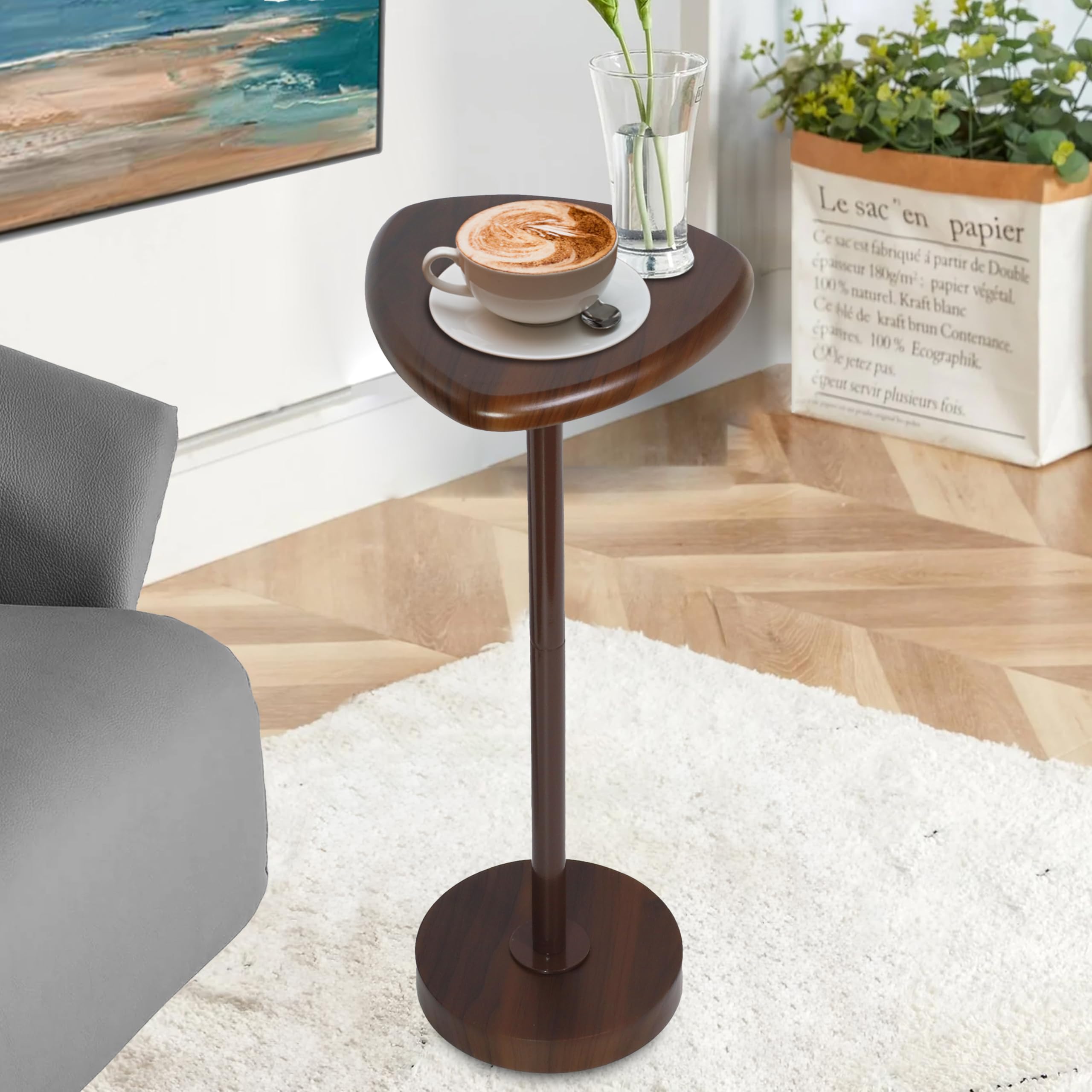 FANTERSI Drink Table for Small Spaces, Pedestal Side Table, Small Side Table for Living Room, Cocktail Table Martini Table with Metal Frame, Brown