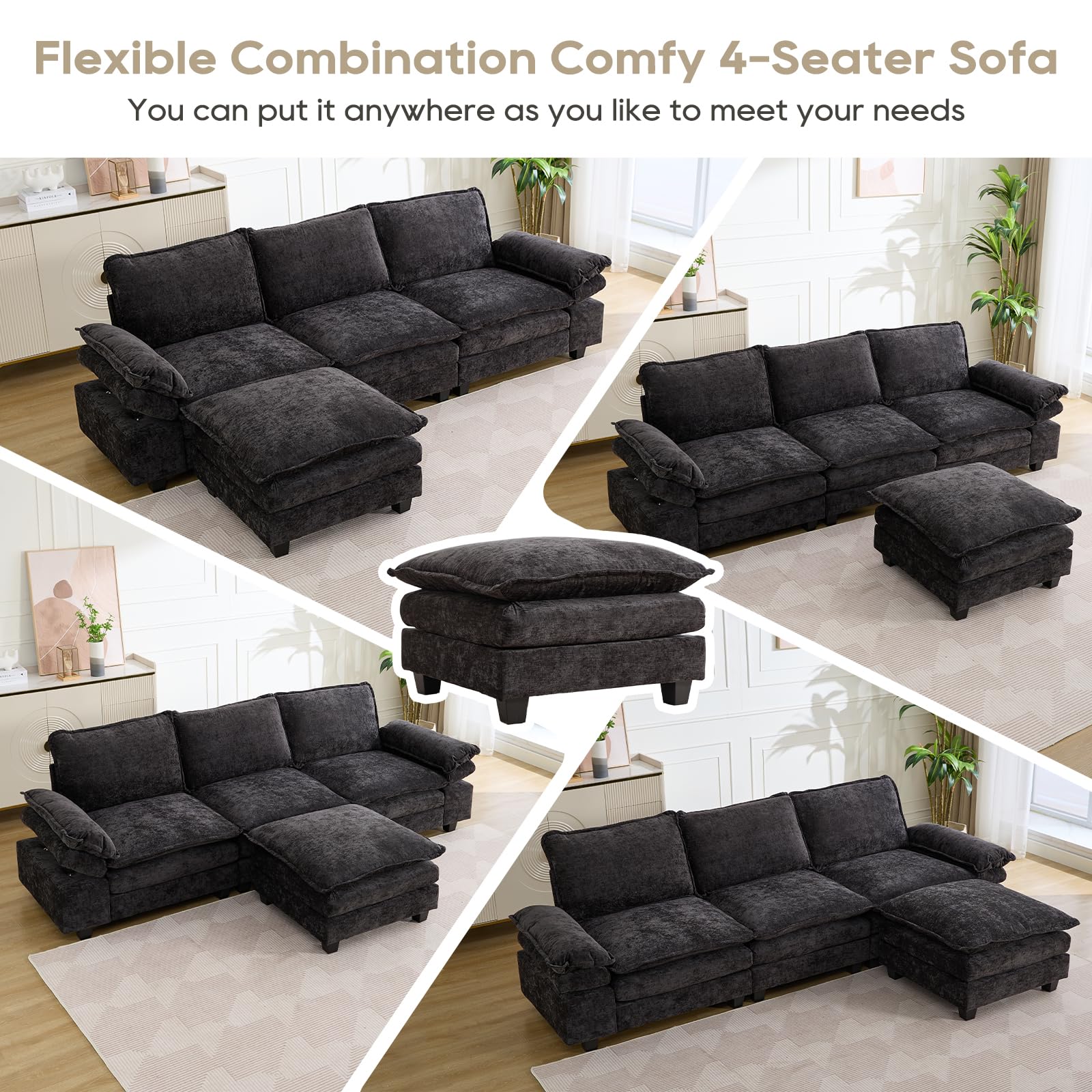 IPKIG Modular Sectional Sofa Cloud Couch - Chenille Convertible L Shaped Sofa Couch with Adjustable Armrest, Movable Ottoman, Comfy Upholstered 3-Seater Sofa for Living Room/Small Space (Black)