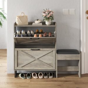 maupvit shoe storage cabinet with 2 flip drawers and removable shoe bench, farmhouse shoe organizer with metal legs, narrow slim shoe rack cabinet for entryway,grey