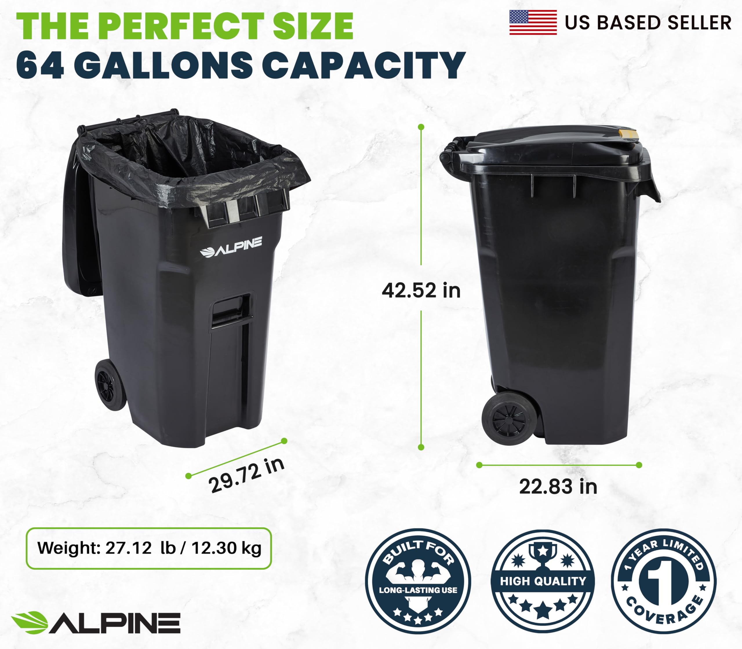 Alpine 64 Gallon Trash Can with Wheels - Large Heavy Duty Outdoor Trash Can with Lid, Rolling Trash Can Outdoor, Outside Wheeled Garbage Can for Residential and Commercial Use (Black)