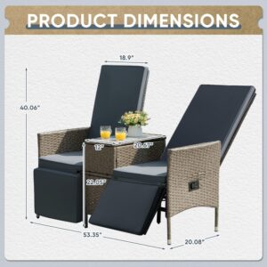 Devoko Patio Recliner Loveseat Chair, Adjustable Backrest Wicker Conversation Set with Table,Thick Cushion, Outdoor & Indoor Patio Recliners for Balcony, Porch, Living Room