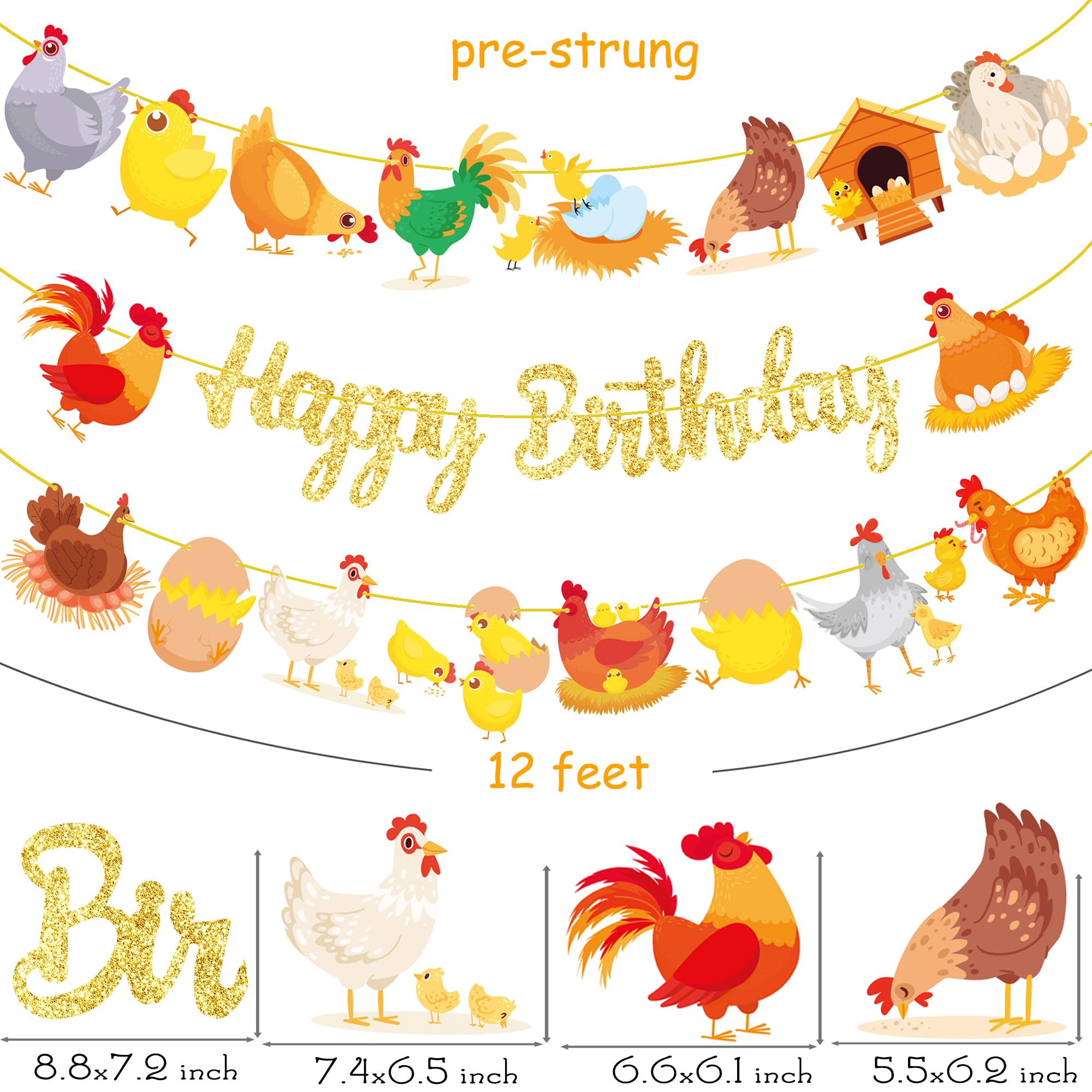 Chicken Birthday Banners 3PCS Chicken Birthday Party Decorations Glitter Gold Chicken Farm Birthday Party Supplies for Chick Backyard Theme Baby Shower Decorations