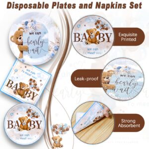 180PCS We Can Bearly Wait Paper Plates and Napkins Tableware Set Serves 60, Blue Bear Baby Shower Decorations Supplies, Includes Dinner Plates, Dessert Plates, Napkins