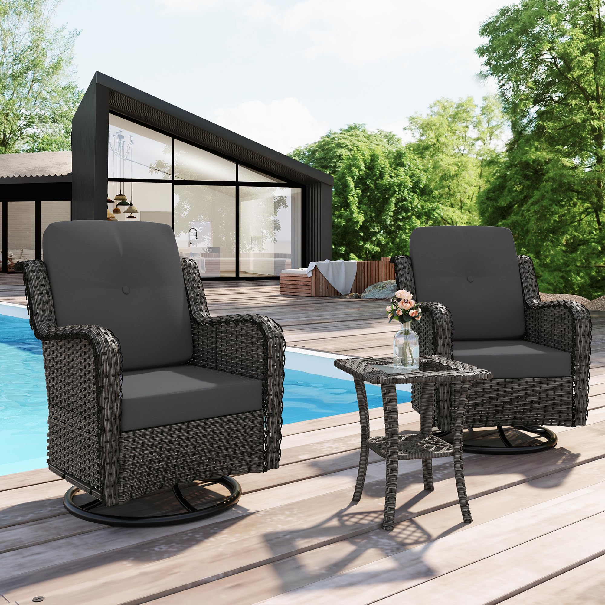 UIXE 3 Pieces Outdoor Swivel Rocking Chairs Patio Furniture Sets, PE Wicker Patio Swivel Rocker Chair Glider Bistro Set with Side Table & Thick Cushions for Porch, Pool, Deck, Garden - Dark Gray