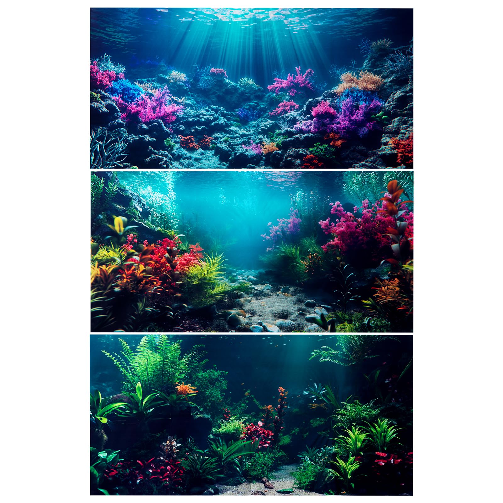 COMSUN 3 Pack Aquarium Background, 48x24 inches Polyester Aquarium Background, Cloth Fish Tank Background, Undersea Corals Sunshines & Rock Aquatic Plants