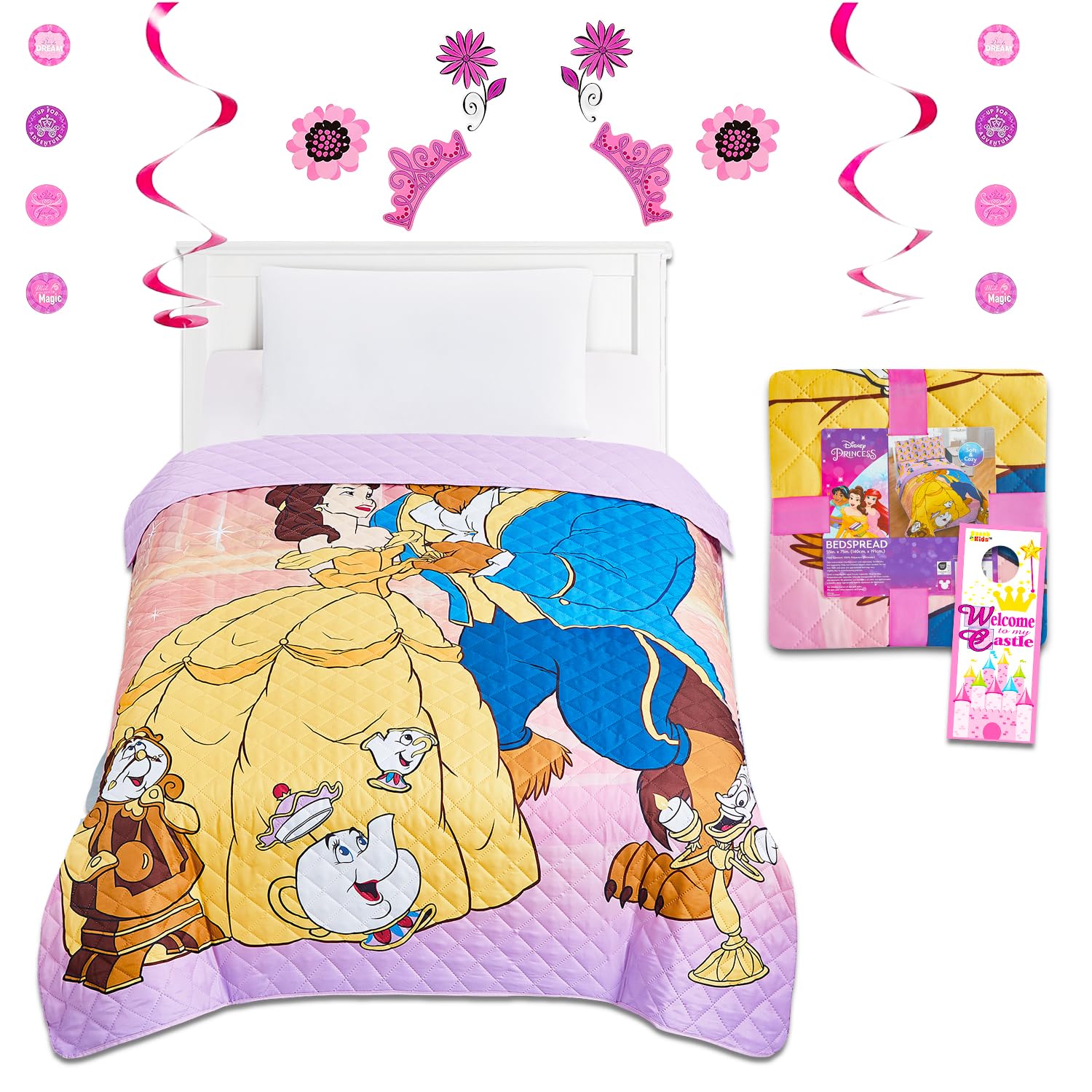 Beauty and The Beast Bedspread Twin Set for Kids - Bundle with Princess Belle Quilted Bedspread for Twin Bed Plus Room Decor, More | Beauty and The Beast Twin Bedding Set for Girls