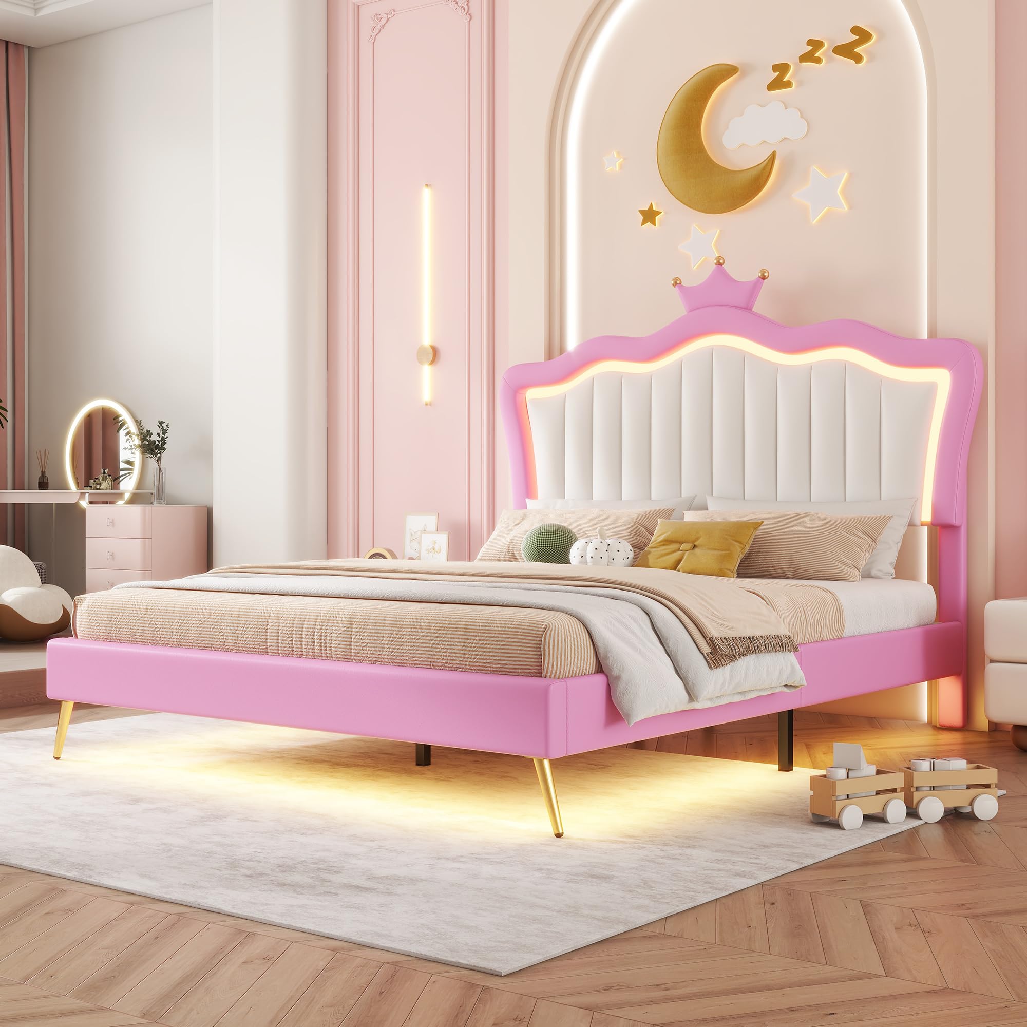 SOFTSEA Full Size Upholstered Bed with LED Lights, Princess Platform Bed for Girls, Adjustable Headboard with Crown, Wood Slats Support, No Box Spring Needed, Pink