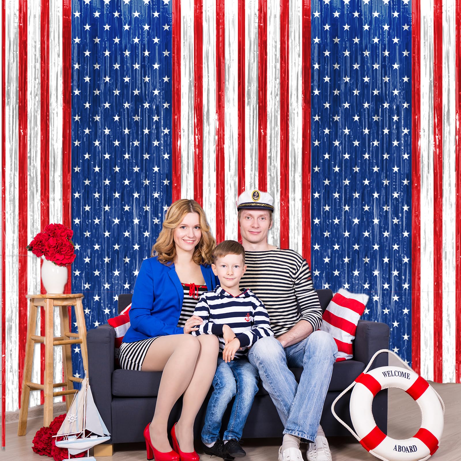 Patriotic Party Decorations, Red White Blue 2 Pack America Tinsel Foil Fringe Curtains Patriotic Backdrop for Independence Day Memorial Day Labor Day Veteran Party Patriotic Party Photo Booth Prop