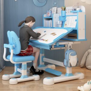 pofluany Upgraded Wide Kids Desk and Chair Set, Height Adjustable Kids Functional Desk and Chair Set, Kids Study Desk School Desk, School Writing Study Table with Book Stand, Foot Pedal Blue