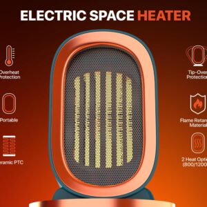 Ceramic Space Heater for Indoor Use, Overheat Protection, Tip-Over Protection, Low Noise Heating, Safe Electric PTC Portable Fan for Office Home Room, White Smart Handy Warmer for Bedroom Desktop