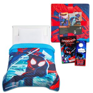 miles morales bedspread twin set for kids - bundle with spiderman quilted bedspread for twin bed plus stickers, more | miles morales twin bedding set for boys