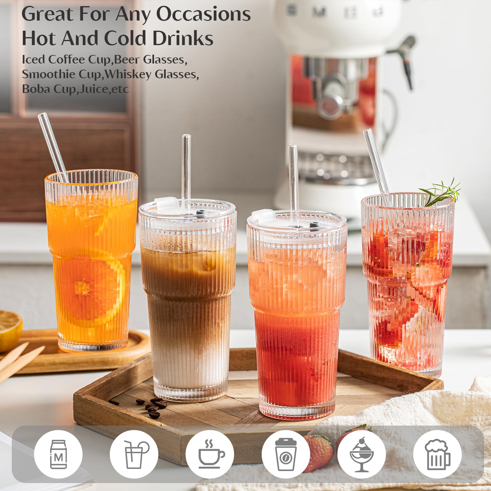 INSETLAN 20 oz Ribbed Glass Tumblers with Lids and Glass Straws – 4-Piece Glassware Set, Thickened Glass, Ideal for Iced Coffee, Smoothies, Cocktails, and Juices – Elegant and Durable Drinkware