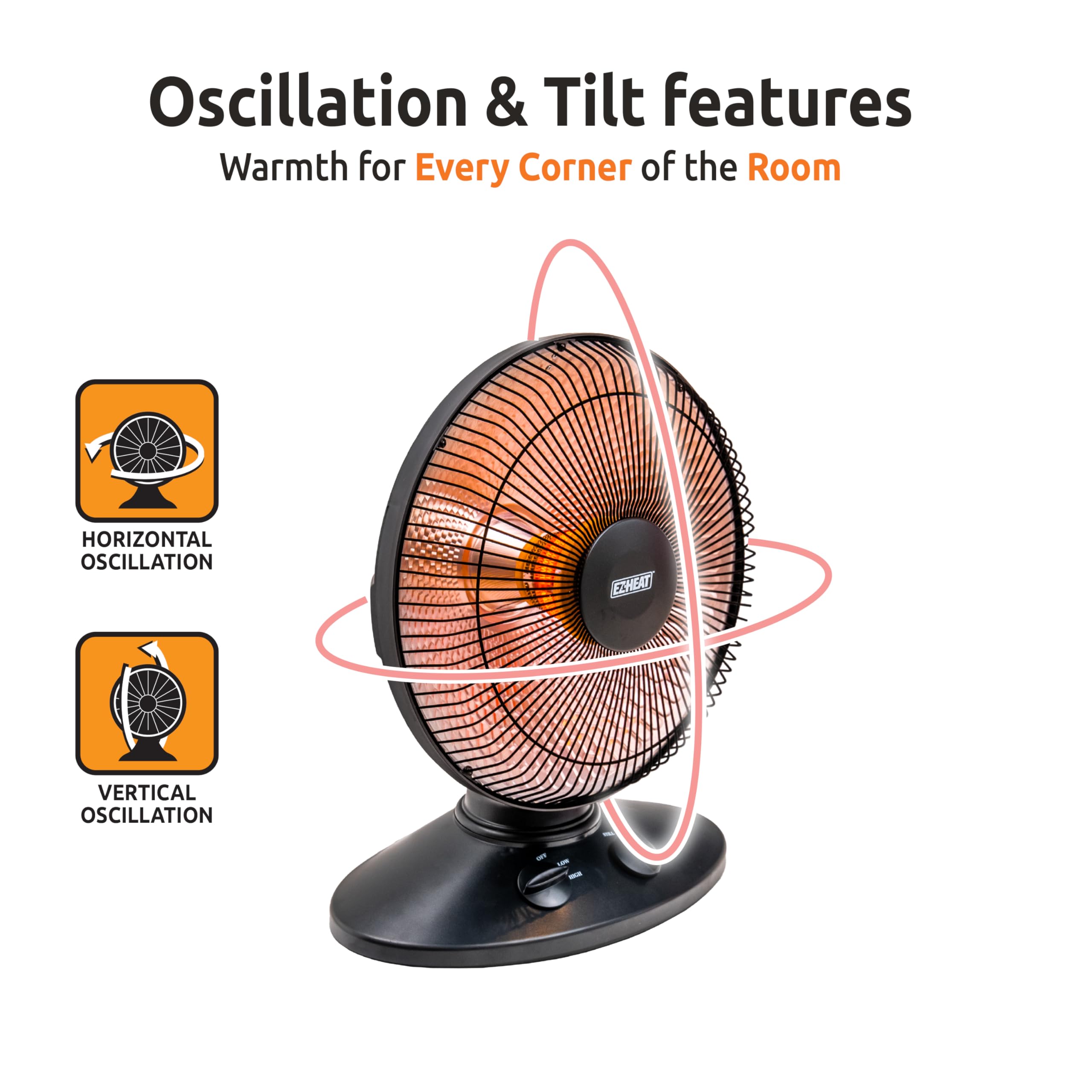 EZ-HEAT 1,000-Watt Indoor Parabolic Dish Space Heater with 70-degree Wide Oscillation and Dual Heat Settings, Adjustable Tilt, Tip Over Switch & Overheat Protection Sensor, MT-BFGD-8C