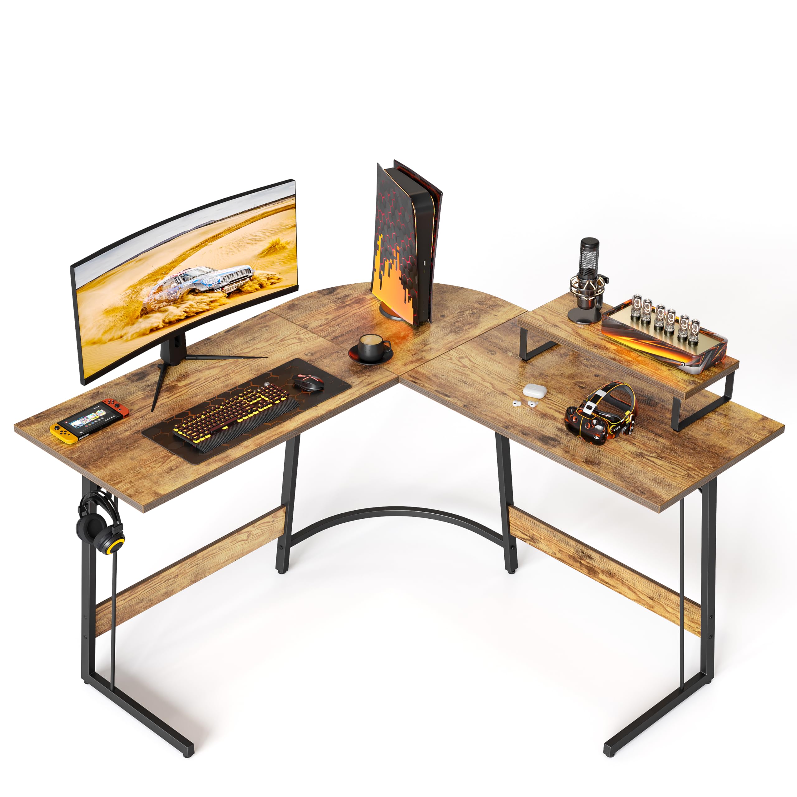 Cubiker L Shaped Desk, Computer Corner Desk, Gaming Desk with Monitor Stand, Home Office Study Writing Workstation, Space-Saving（47 Inch Rustic Brown）