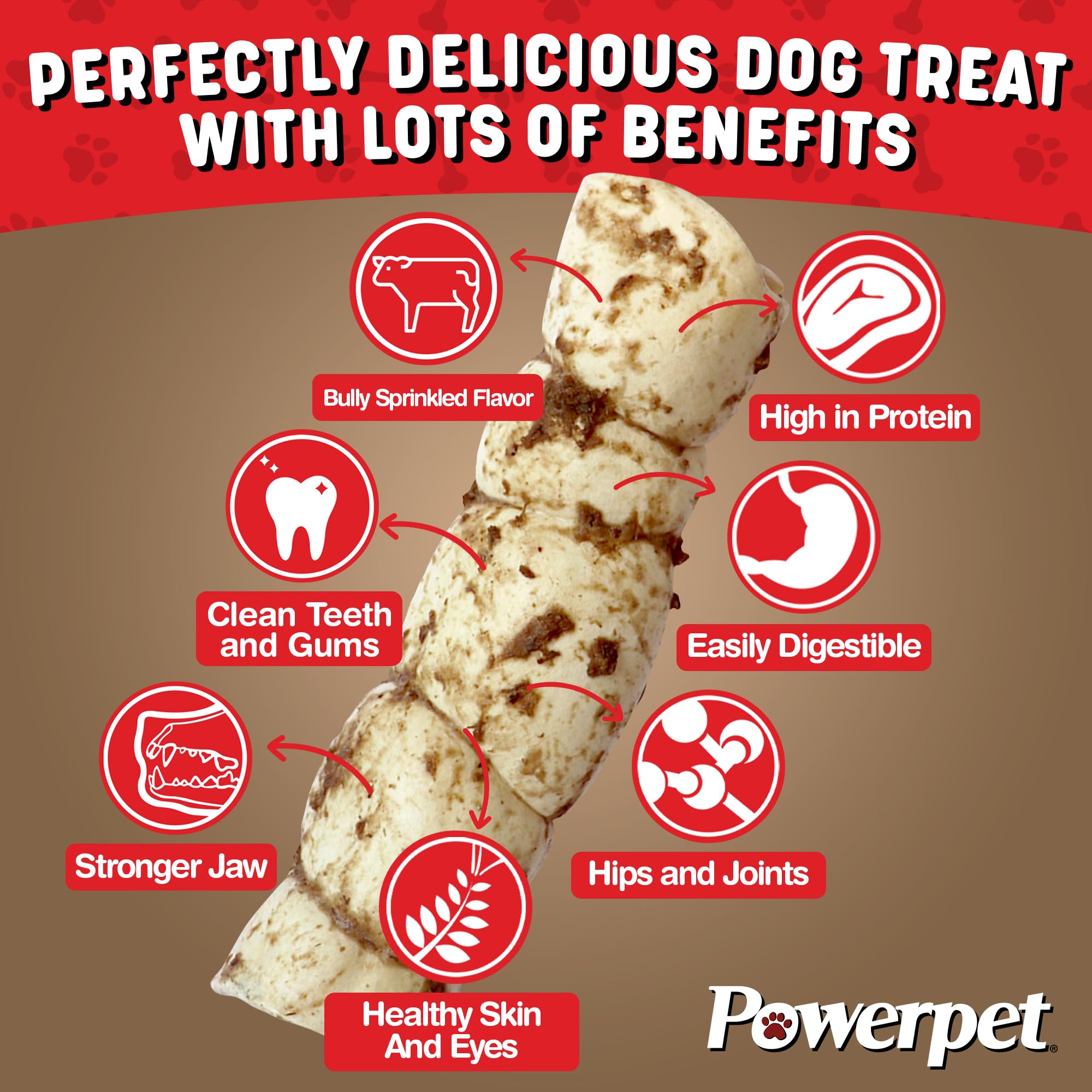 Powerpet Treats Bully Beef Cheek Rolls for Dogs - 100% Natural & Highly Digestible - High Protein, Low Fat - No Rawhide - Soft & Thick Chew Treat - Good Dental Hygiene - Bully Sprinkled Flavor - 3pc