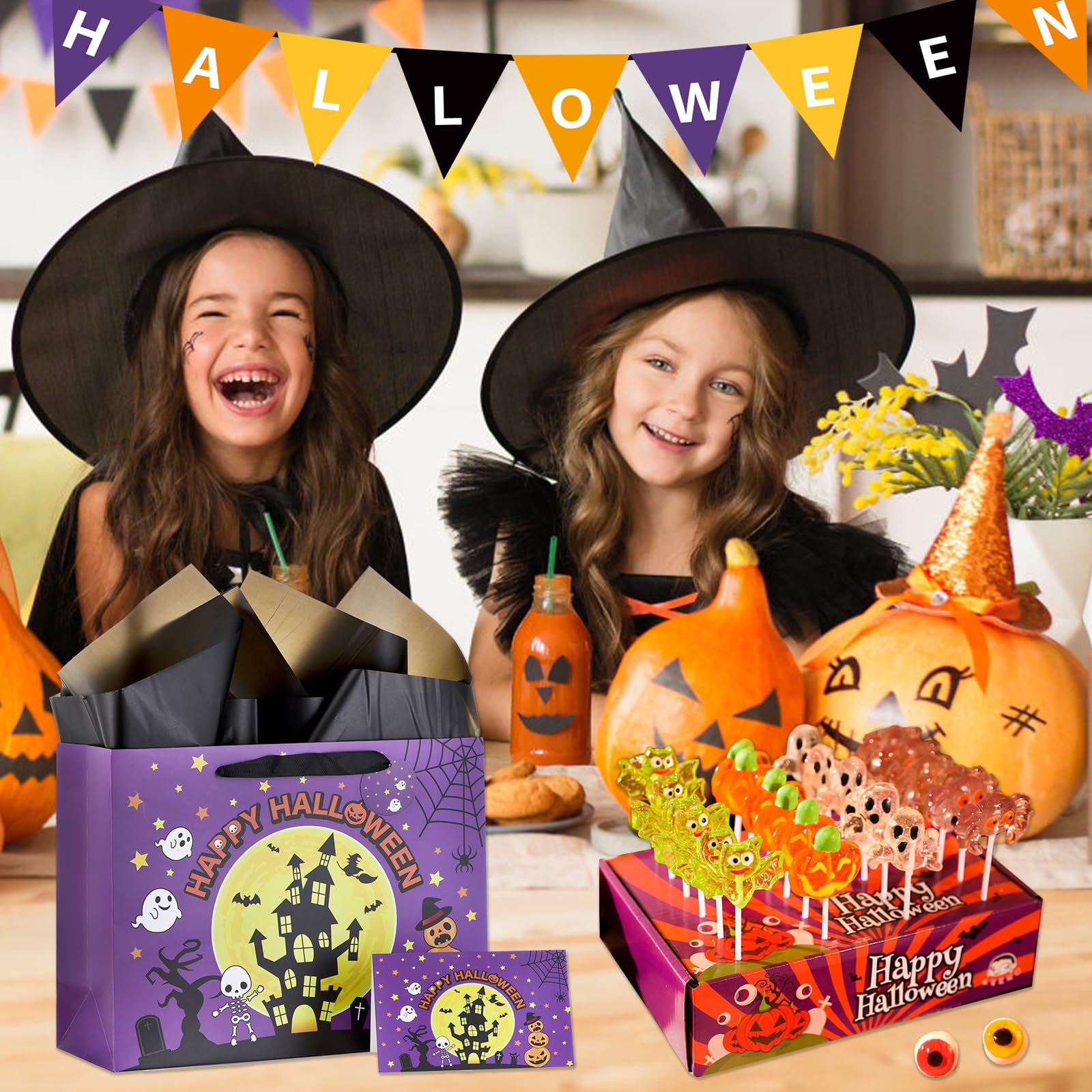 JEWOU Purple Halloween Party Gift Bag Halloween Birthday Gift Bag with Tissue Paper and Card Halloween Night Pumpkin Cat Ghost Wrapping Bat-Themed Favor Bag Halloween Wrapping Paper for Trick or Treat