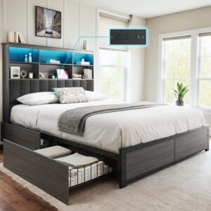 hisoft queen bed frame with storage headboard, wood bed frame with high storage bookcase, 4 storage drawers & led & charging station,no box spring needed/noise free/all-metal support, rustic grey