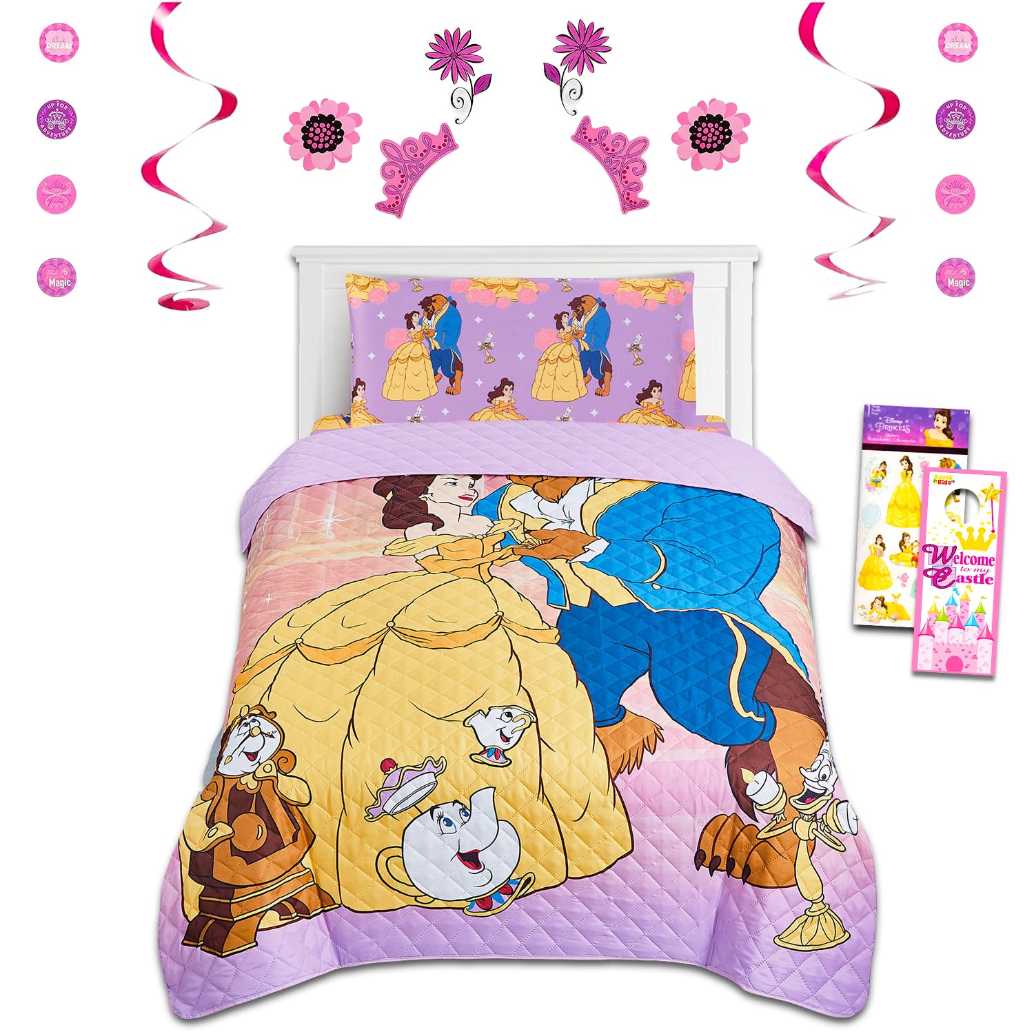 Beauty and The Beast Bedding Twin Bed Set for Girls - Bundle with Belle Bed Sheets with Flat Sheet, Fitted Sheet, Pillowcase, Quilted Bedspread Plus Stickers, More | Beauty and The Beast Sheets Twin